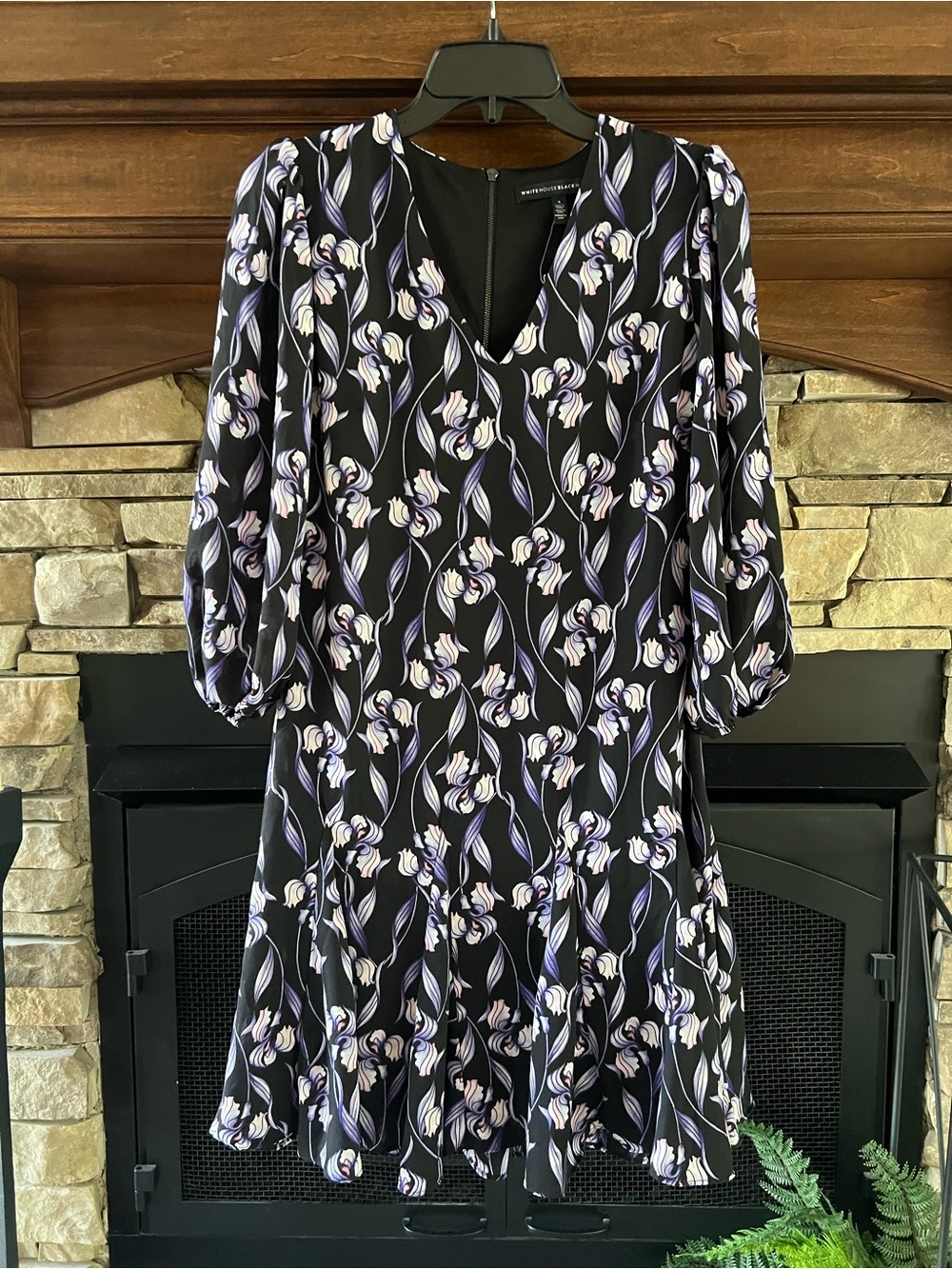 White House Black Market Black Floral V-Neck Dress with Purple Accents